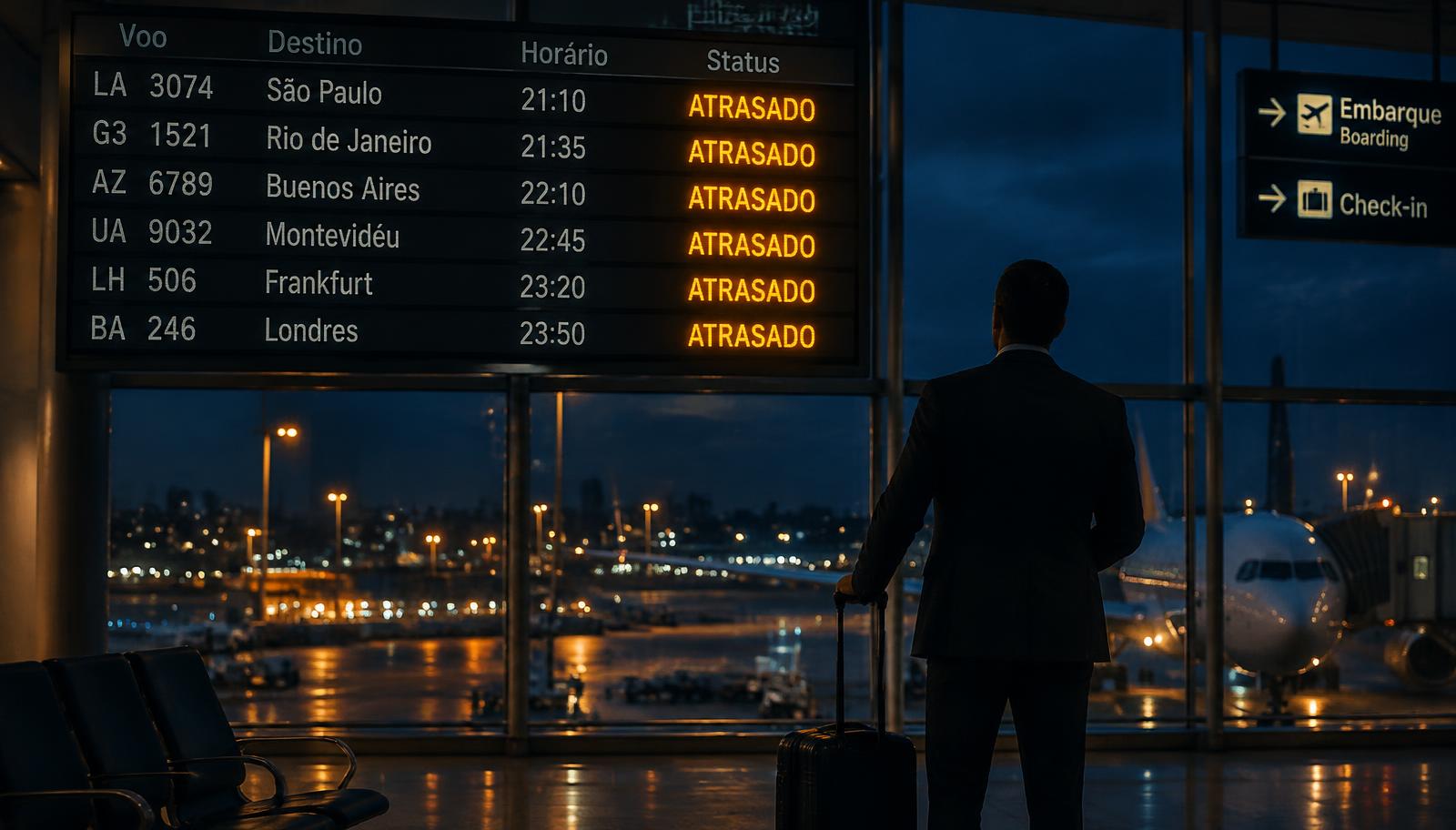 Painel de voos em aeroporto exibindo vários voos atrasados à noite