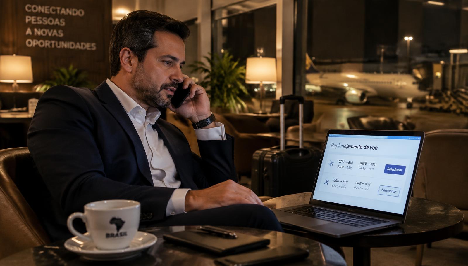 Executivo em lounge de aeroporto de madrugada falando com o plantão de atendimento ao telefone
